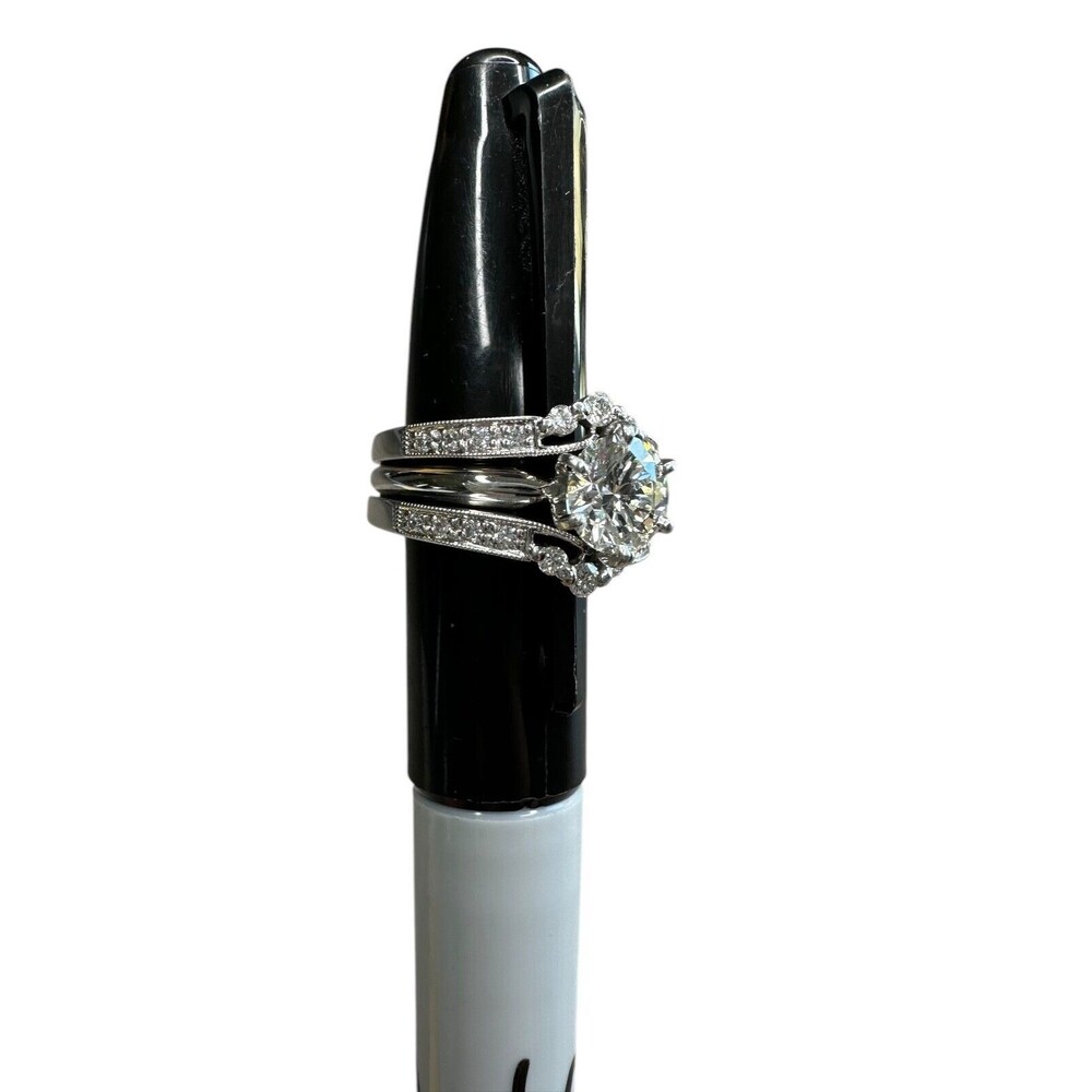 1.03CT Round Diamond Engagement Ring Set | G VS2 | Platinum 3-Piece Bridal Set - Picture 14 of 16
